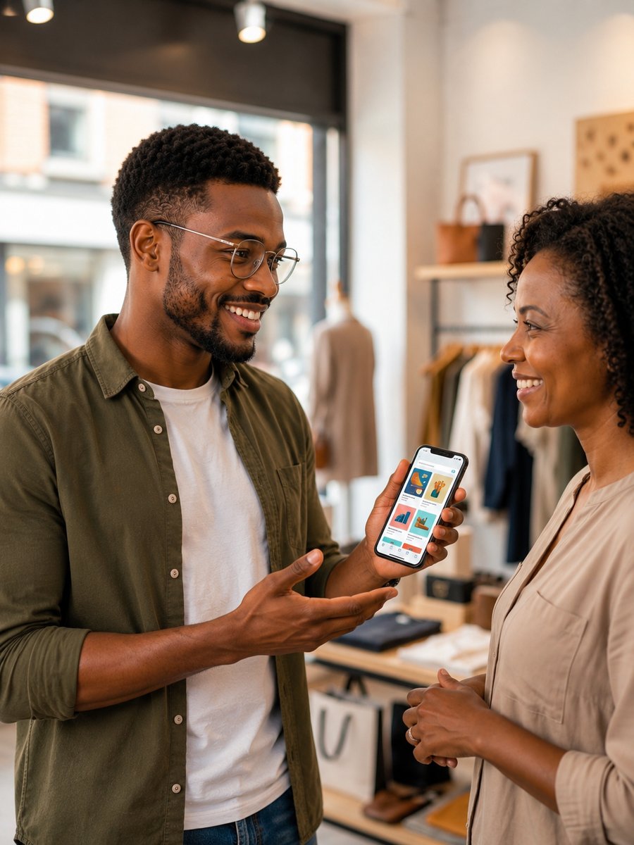 Une personne présente un service à une cliente sur son téléphone